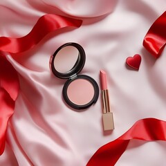 valentine makeup flat lay with lipstick, compact powder and brush on pink satin with red ribbon accents