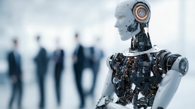 Futuristic humanoid robot with exposed mechanical components stands in a modern office environment. Advanced artificial intelligence technology meets business innovation and digital transformation
