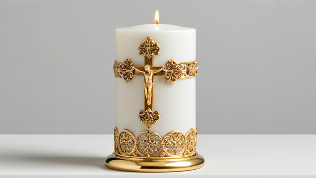Wei&szlig;e Stumpenkerze mit goldenem Kruzifix und kunstvollen Ornamenten vor grauem Hintergrund