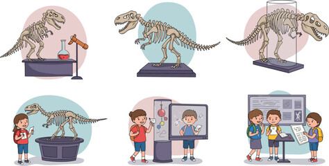Children visiting dinosaur museum exhibit with fossils, skeleton displays, paleontology education, science exploration, and prehistoric learning vector illustration. © shamima