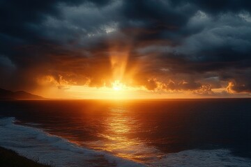 Dramatic golden sunset piercing dark storm clouds over a vast ocean, glowing water reflections, rolling waves and a shadowed coastline, evoking awe and calm serenity