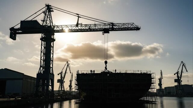 Industrial crane silhouette lifting structure against cloudy sky