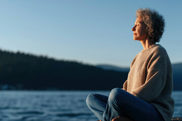 Fototapeta premium Woman meditates by lake at sunrise, eyes closed and calm.