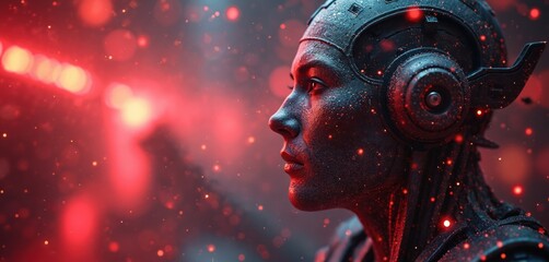 Face of futuristic cyborg woman with headphones. Red light bokeh and dust particles on background. Machine learning concept with AI. Modern tech and digital innovation vision. Artificial intelligence.