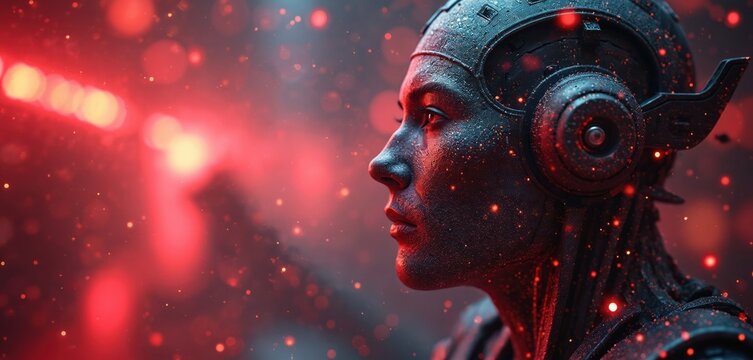 Face of futuristic cyborg woman with headphones. Red light bokeh and dust particles on background. Machine learning concept with AI. Modern tech and digital innovation vision. Artificial intelligence. - Powered by Adobe