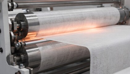 Medium shot capturing heated calendering rolls pressing a nonwoven web emphasizing the effect of temperature on fabric texture and material bonding.