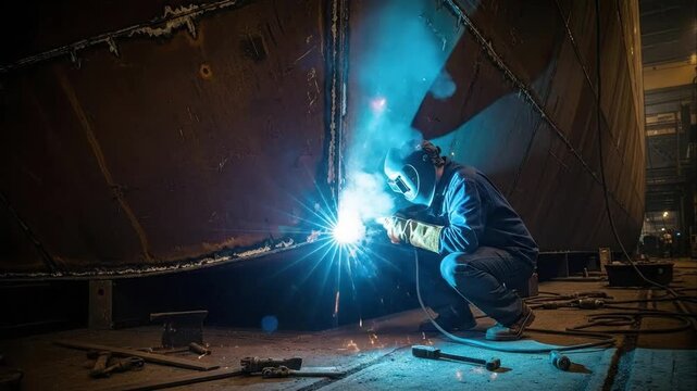 Welder working on metal structure with bright sparks and intense lighting