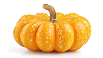 Obraz premium Bright orange pumpkin with curved stem on white background.