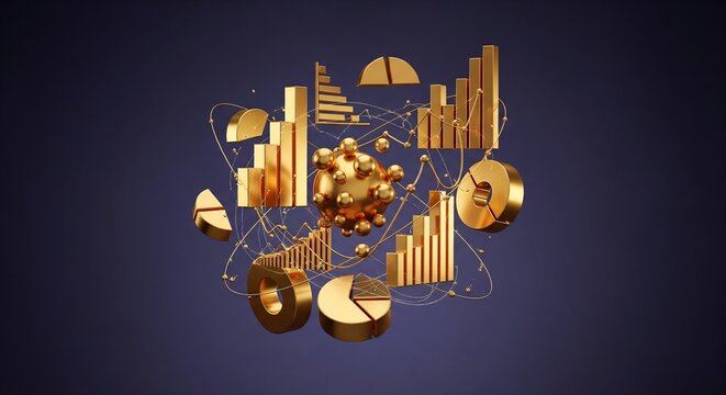 3D rendered abstract visualization of financial data charts and graphs in metallic gold. - Powered by Adobe