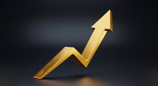 Golden 3D arrow graph pointing upward symbolizing business growth and financial success.