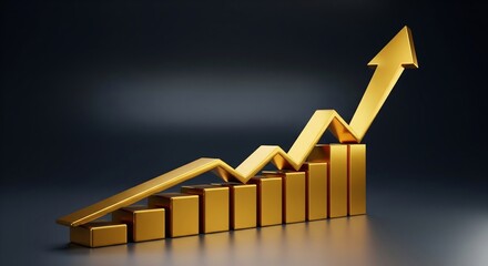 Golden 3D bar chart with an upward arrow symbolizing financial success and growth.