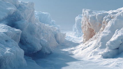 A breathtaking winter landscape of icy cliffs and frozen terrain under a clear blue sky , color of the year 2026, cloud dancer