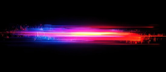 Vibrant horizontal neon light streak with blue to pink to yellow to red gradient, glowing digital bars and motion blur conveying speed and futuristic energy