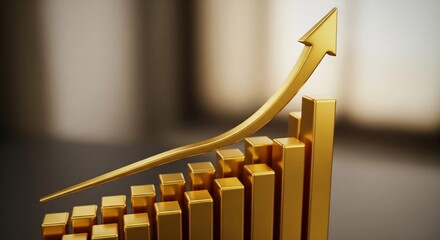 Golden arrow soaring over a rising bar graph symbolizing financial success