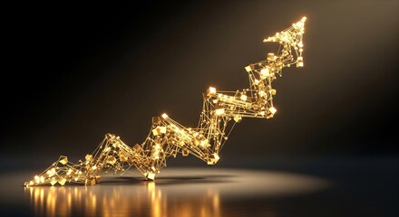 Abstract golden polygonal arrow graph showing financial growth and success on a dark background.