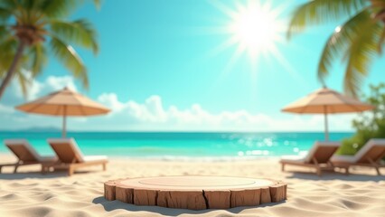 Obraz premium 3d summer themed podium as empty rustic wooden table on vibrant sandy beach with sunbeds under bright midday sun turquoise sea backdrop calm vacation scene 