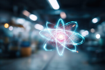 Glowing atom symbol floats in laboratory, representing physics and innovation.