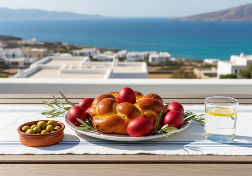 Traditional Greek Easter bread tsoureki and red dyed eggs on table with sea view background