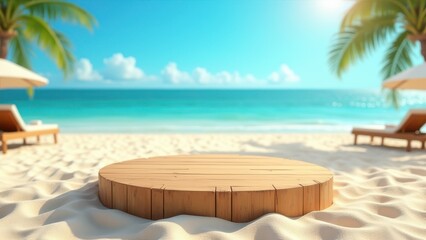 Obraz premium 3d summer themed podium as empty rustic wooden table on vibrant sandy beach with sunbeds under bright midday sun turquoise sea backdrop calm vacation scene 
