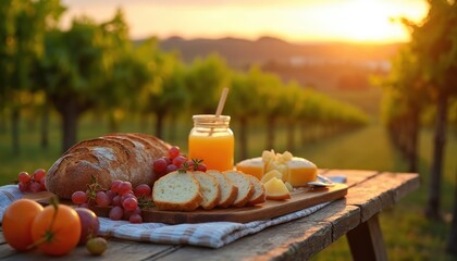 Rustic breakfast at vineyard. Fresh bread cheese grapes juice on wooden table. Food picnic outdoor. Sunny scenery at sunset. Culinary still life. Peaceful rural landscape. Romantic atmosphere.