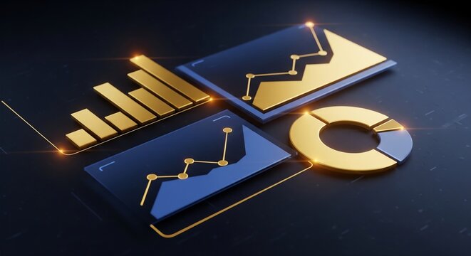 Luxury 3D data visualization charts for business analytics on a dark, futuristic background - Powered by Adobe