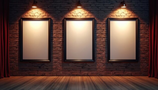 Three empty framed posters on brick wall under spotlights. Red curtains frame scene, wood floor reflects light. Use for cinema, gallery, or event announcements.