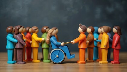 Colorful wooden figurines show support and inclusion for person in wheelchair. Diverse group stands together, one figure accepts hand from another.
