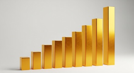 Luxurious golden 3D bar chart showing a continuous upward trend against a white background.