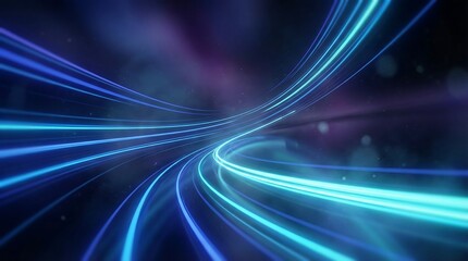 a vibrant abstract rendering depicts swirling glowing blue light streaks in a dark cosmic background creating a sense of motion and energy