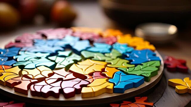 Colorful puzzle pieces on table. Many puzzle pieces are arranged in a circular pattern on a wooden table with some fruits in the background.