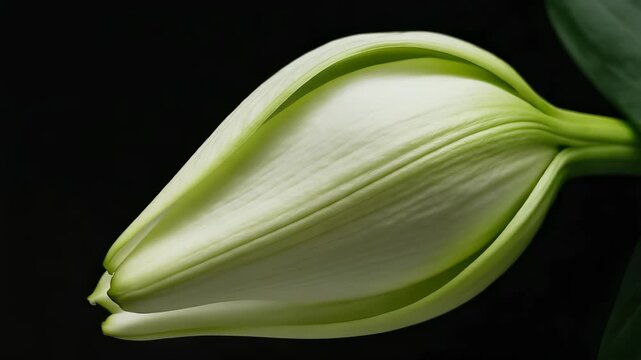 A white lily bud opens gradually in timelapse, revealing its elongated shape against a deep shadowy background. The process shows growth and change over time