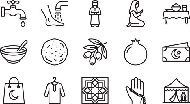 Islamic rituals icons showing wudhu ablution and prayer on mat and iftar meal and charity money and islamic art pattern and shopping and clothing and tent and prayer hands and olive and pomegranate
