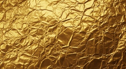 Full frame abstract background of highly reflective crumpled gold foil texture.