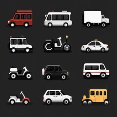 playful grid of twelve cartoon vehicle icons including vans buses delivery truck taxi cars scooters mopeds suv and retro coach on dark background, cheerful whimsical mood