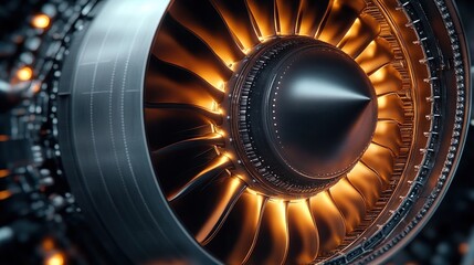 close-up of a jet engine turbine with metallic fan blades and a pointed spinner cone glowing with warm orange light conveying power and precision