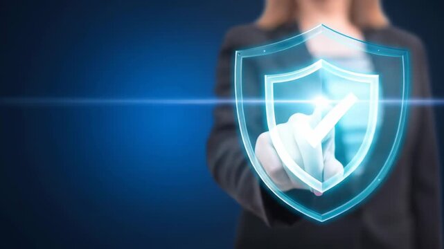 Businesswoman presses glowing shield icon, confirming security authorization with fingertip.