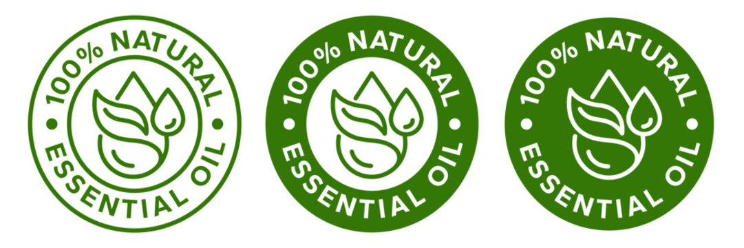 Essential oil drop icon for beauty and skincare natural product certificate label. Essential oils sticker logo for body lotion, cream and shampoo moisturizer, spa wellness fragrance. Vector.