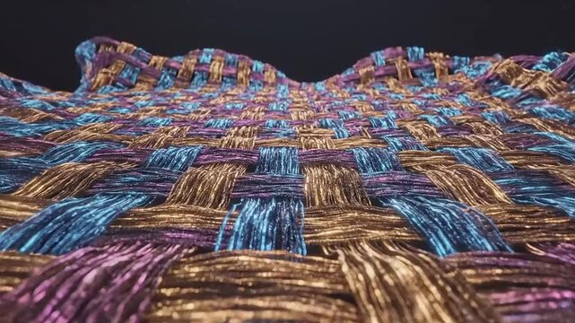 Detailed close-up of a woven fabric with intricate patterns and shimmering threads, showcasing texture and depth