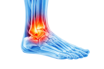 Human ankle with transparent bones showing glowing joint inflammation and ligament strain in detailed medical anatomy illustration isolated on white background