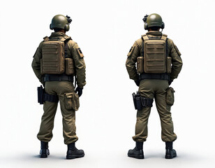 Naklejka premium Two soldiers stand back to camera. Men wear tactical gear vests helmets in khaki uniform. Army security personnel ready for mission on white background. Military war defence force illustration.