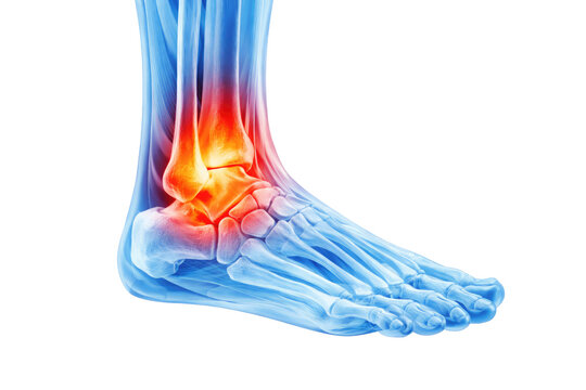 Human ankle with transparent bones showing glowing joint inflammation and ligament strain in detailed medical anatomy illustration isolated on white background