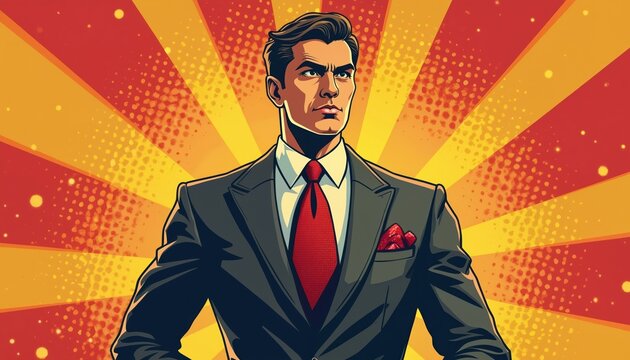 Confident businessman in suit stands against pop art background. Man wears red tie, pocket square. Style blends comic book art retro design. Dynamic rays and halftone dots.