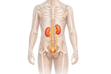 Human urinary system with kidneys ureters and glowing bladder showing infection and inflammation in transparent body medical anatomy isolated on white background