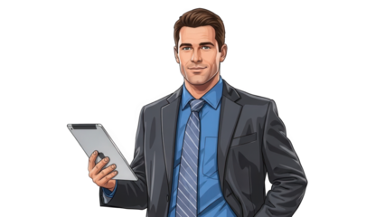 Confident businessman holding tablet in modern gray suit