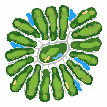 Top View Golf Course Vector Illustration with 18 Holes Bunkers and Water Areas