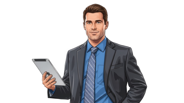 Confident businessman holding tablet in modern gray suit - Powered by Adobe