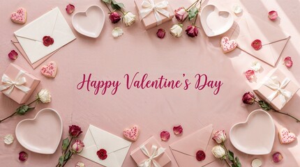 Happy Valentine's Day Pink Theme with Heart Plates, Gifts, Roses, and Cookies