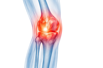 Human knee with transparent bones showing glowing joint inflammation and cartilage damage in detailed medical anatomy illustration isolated on white background