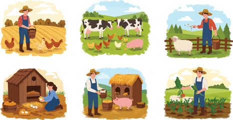 Farmer Caring for Animals and Growing Crops - Illustrations of Chicken, Cows, Pigs, Sheep, and Harvesting in the Farm © shamima