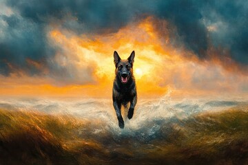 black shepherd dog joyfully running through ocean waves toward camera at dramatic golden sunset with turbulent clouds and splashing water